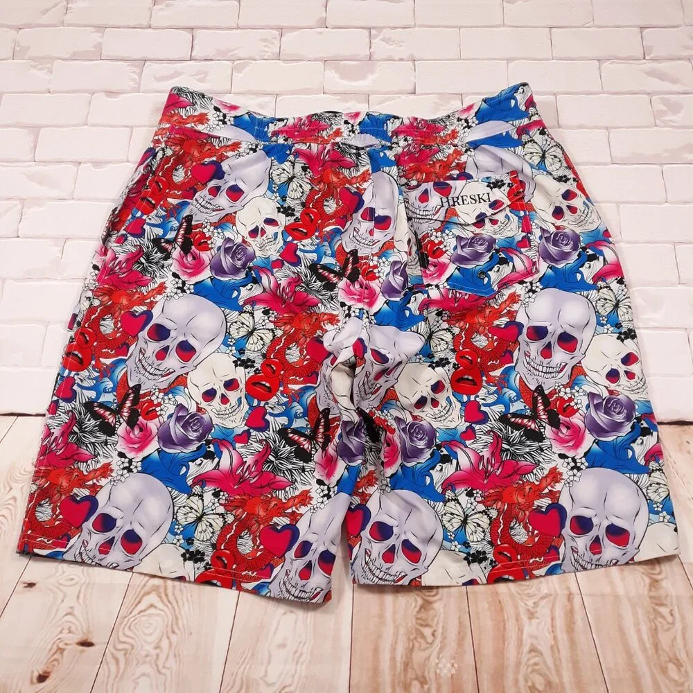 Hreski Swim Trunks Water Beach Shorts Mens Size 40 Skull Rose Grunge Red Blue